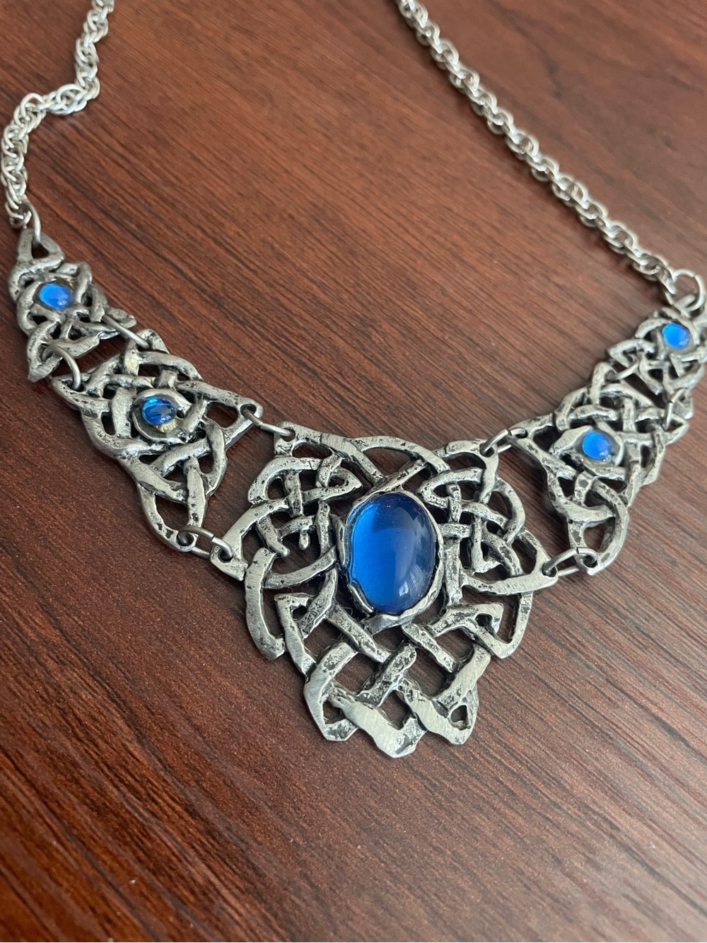 Fellowship Foundry Celtic Pewter bib Necklace with Blue Stones
